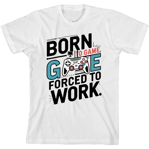 "Born To Game, Forced To Work" Youth White Crew Neck Short Sleeve Tee-XL