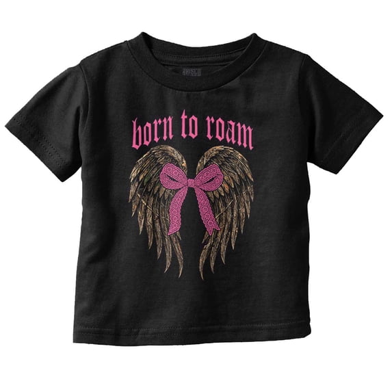 Born To Roam Camo Angel Wings Bow Toddler Little Girl Graphic Tee Shirt Brisco Brands 12M