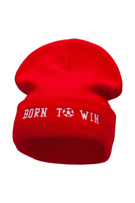 Born To Win Soccer Embroidered 12 Inch Long Knitted Beanie - Red OSFM
