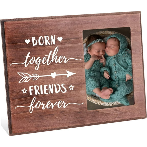 Born Together Friends Forever Picture Frame 4x6 inch Twin Baby Photo Frame with Heart & Arrow Patterns Hanging/Tabletop Wooden Picture Frame Twin Gift Frame for New Baby Nursery Decor Mixed Color