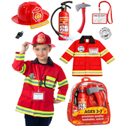 Born Toys Fireman Costume Set for Kids with Helmet, Extinguisher, and Knapsack - Washable Red Outfit