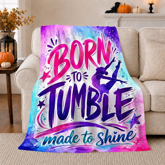 Born Tumble Gymnastics Theme, Cozy Typography Art Scene, Warm Flannel Blanket for Living Room and Reading Nook, Art Lovers Housewarming Gift, Artistic Home Decor