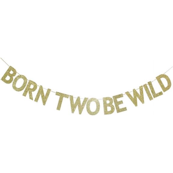 Born Two Be Wild Banner, Gold Glitter Paper Sign for Baby's 2nd Birthday Party Decors Supplies