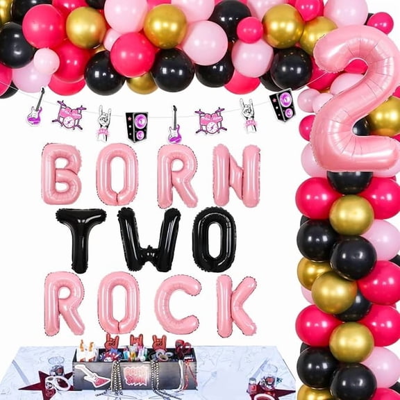 Born Two Rock Birthday Decorations Rock and Roll 2nd Birthday Party Supplies for Girl Rock N Roll Balloon Garland Arch Kit Rock Banner for Rock Band Music Theme Party