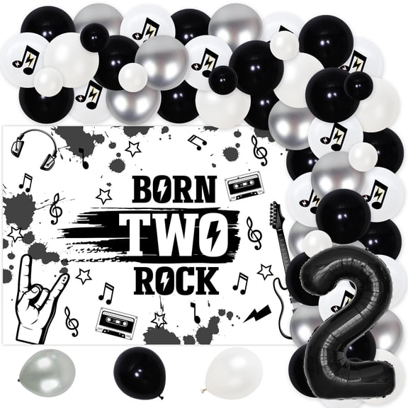 Born Two Rock Birthday Decorations Rock and Roll 2nd Birthday Party Supplies with Born Two Rock Background Guitar Balloon Black and White Balloon Arch for Rock Band Music Theme Party