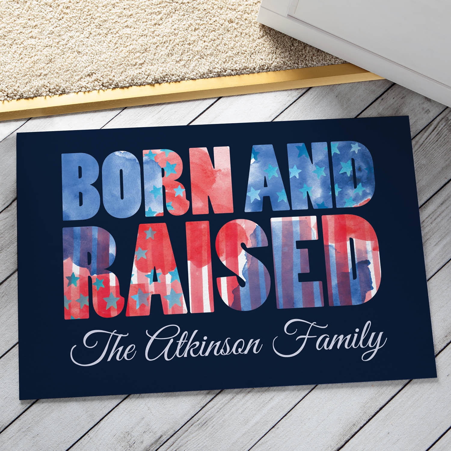 Born and Raised American Personalized Doormat