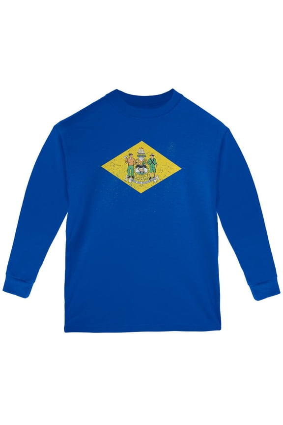 Born and Raised Delaware State Flag Youth Long Sleeve T Shirt Royal YLG