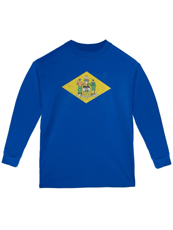 Born and Raised Delaware State Flag Youth Long Sleeve T Shirt Royal YXL