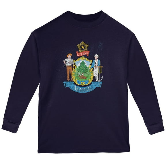 Born and Raised Maine State Flag Youth Long Sleeve T Shirt Navy YSM