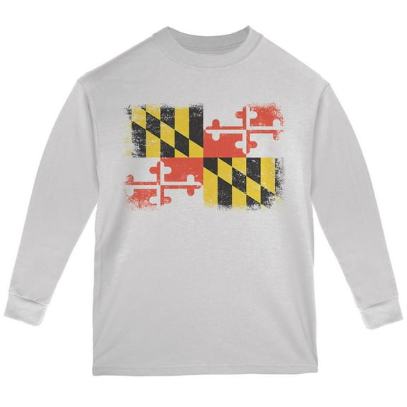 Born and Raised Maryland State Flag Youth Long Sleeve T Shirt White YLG
