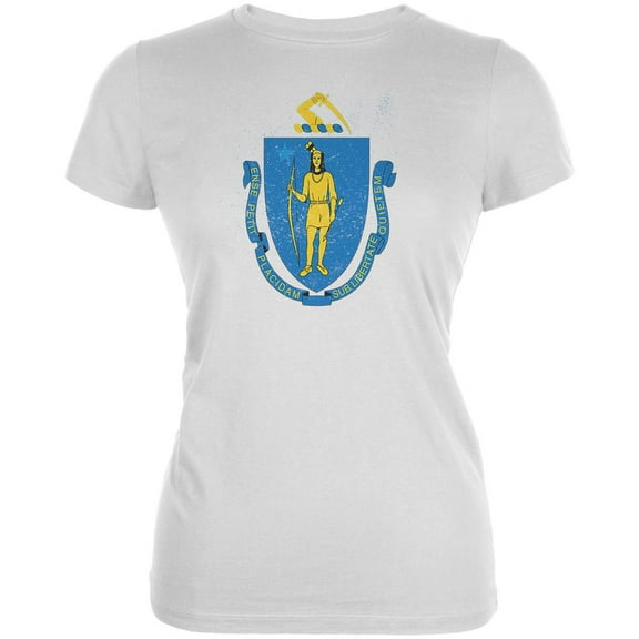 Born and Raised Massachusetts State Flag Juniors Soft T Shirt White X-LG