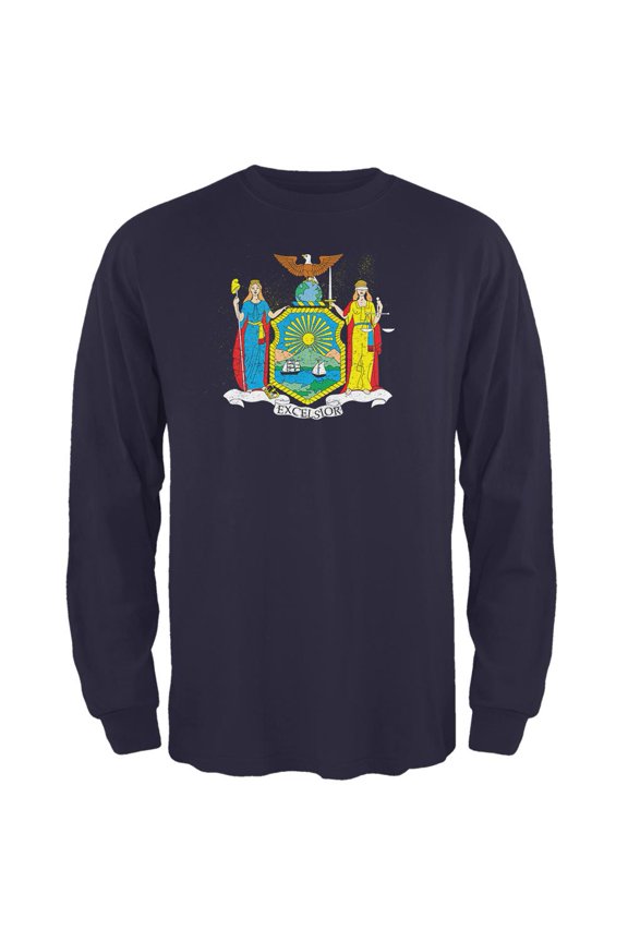 Born and Raised New York State Flag Mens Long Sleeve T Shirt Navy MD