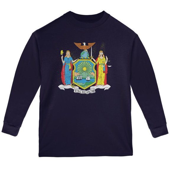 Born and Raised New York State Flag Youth Long Sleeve T Shirt Navy YLG