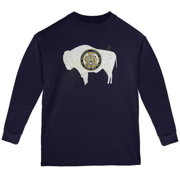 Born and Raised Wyoming State Flag Youth Long Sleeve T Shirt Navy YSM