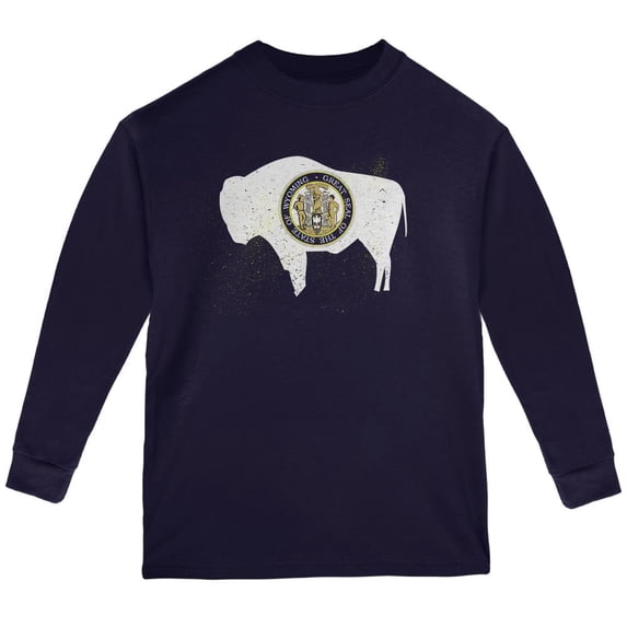 Born and Raised Wyoming State Flag Youth Long Sleeve T Shirt Navy YXL