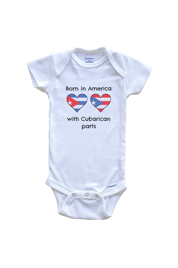 Born in America with Cubarican Parts Funny Cuba Puerto Rico Flags Baby Bodysuit, 3-6 months white
