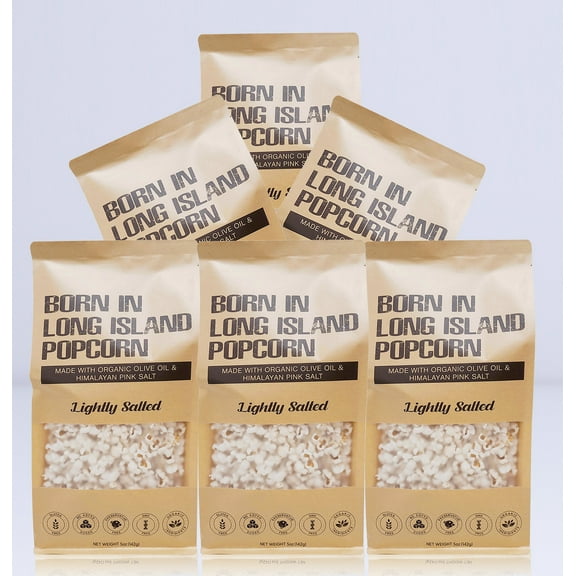 Born in Long Island Popcorn | Lightly Salted-6pk, 5 oz | Gluten Free, Non-GMO, Preservative Free, Organic Ingredients.