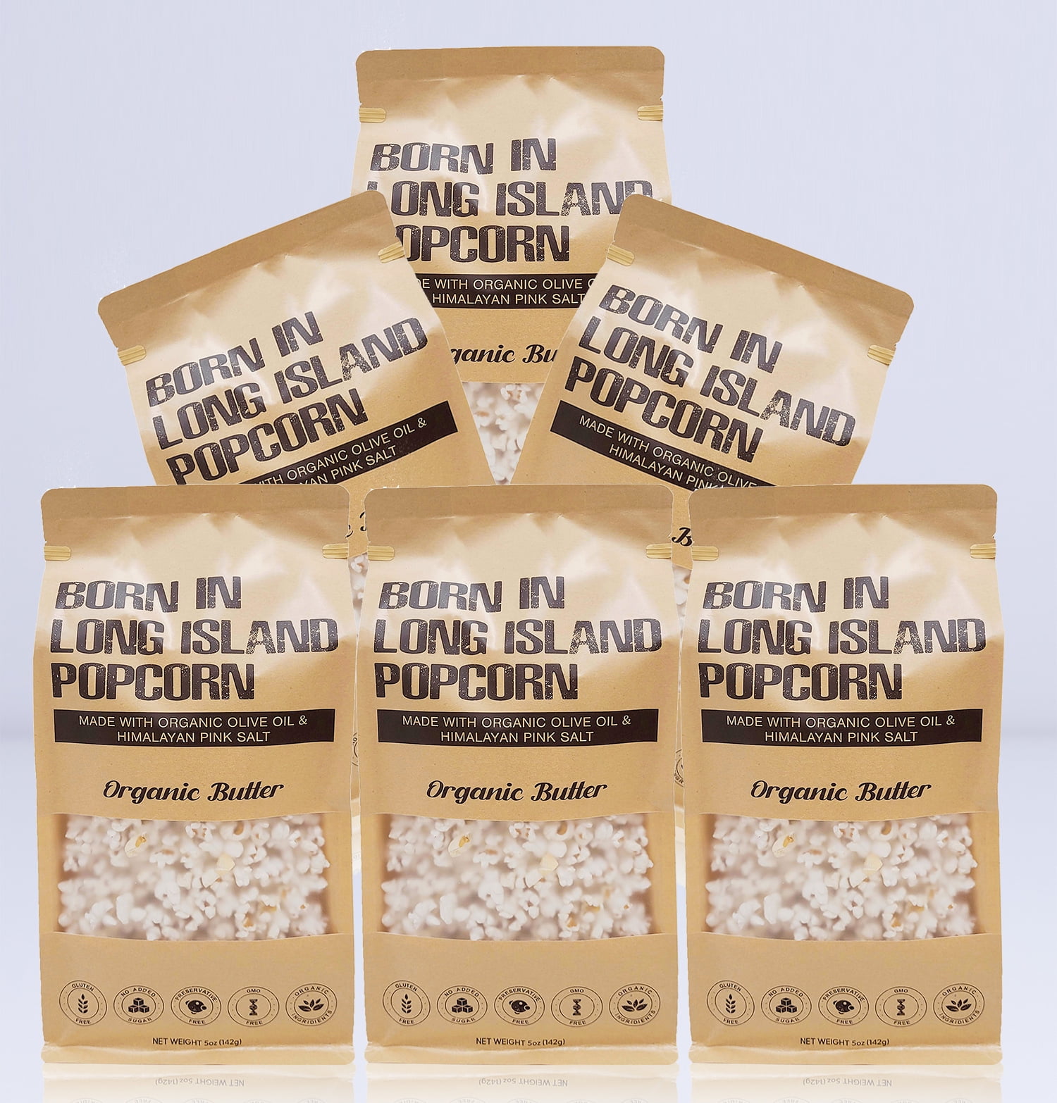 Born in Long Island Popcorn | Organic Butter-6pk, 5 oz | Gluten Free, Non-GMO, Preservative Free, Organic Ingredients.