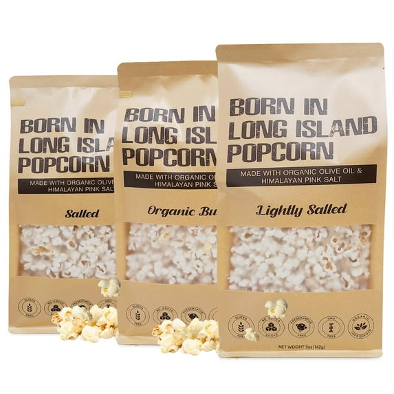 Born in Long Island Popcorn | Variety Pack (pack of 3), 5 oz | Gluten Free, Non-GMO, Preservative Free, Organic Ingredients.