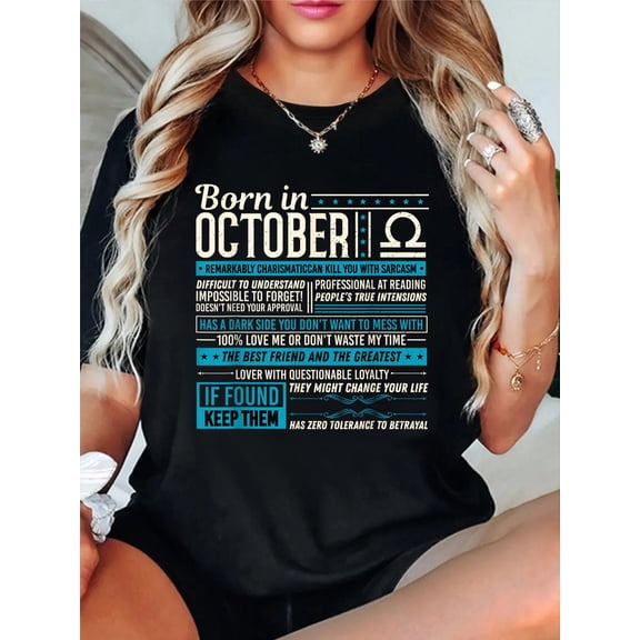 Born in October Libra Horoscope Birthday T-Shirt Graphic Tee summer Tops For Women Round Neck Fashion Cotton shirts
