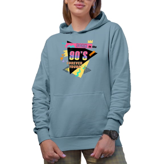 Born in the 90s Forever Young, Retro Geometric Shapes Art Merch Gift, Light Blue Hooded Sweatshirt or Hoodie, Medium