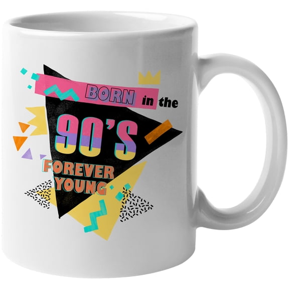 Born in the 90s Forever Young, Retro Geometric Shapes Art Merch Gift, White 11oz Ceramic Mug