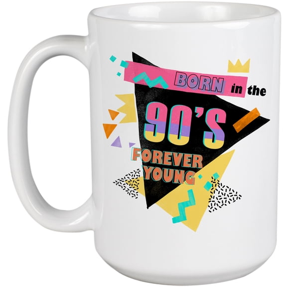 Born in the 90s Forever Young, Retro Geometric Shapes Art Merch Gift, White 15oz Ceramic Mug