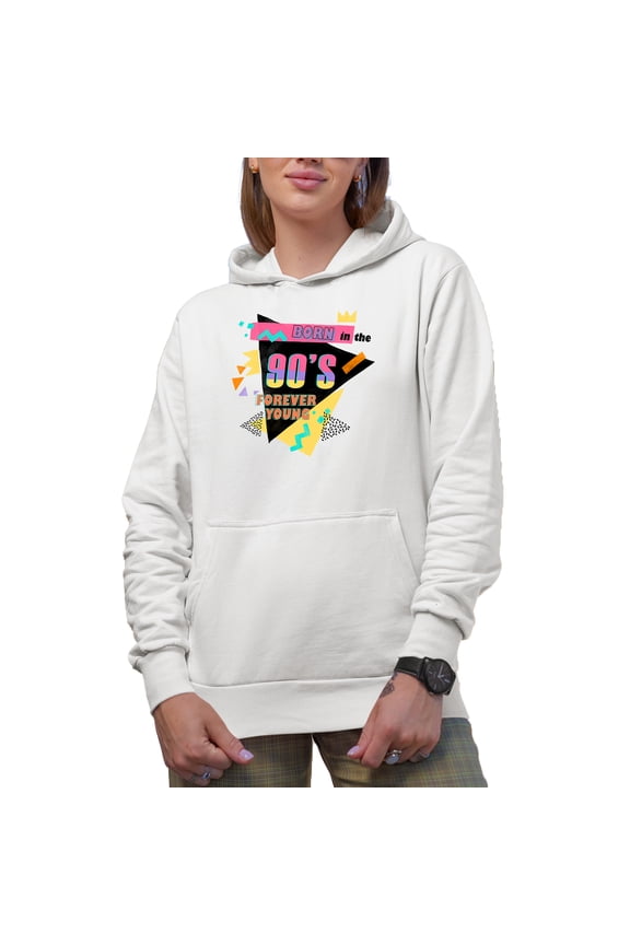 Born in the 90s Forever Young, Retro Geometric Shapes Art Merch Gift, White Hooded Sweatshirt or Hoodie, 3XL