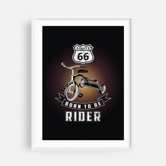 Born to Be Rider - Illustration Route 66 Bicycle Vintage Retro Nostalgia Humor Quote White Framed Wall Art Print 24 x 36 inches