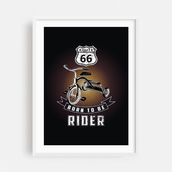 Born to Be Rider - Illustration Route 66 Bicycle Vintage Retro Nostalgia Humor Quote White Framed Wall Art Print 5 x 7 inches