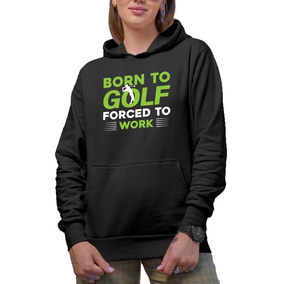 Born to Golf Forced to Work Quote with a Swinging Golf Player, Golfing or Golfer Themed Merch Gift, Black Hooded Sweatshirt or Hoodie, 2XL