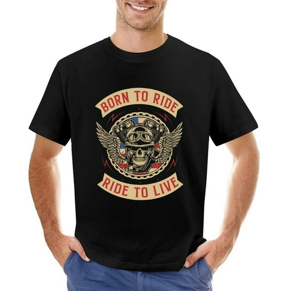 Born to Ride, Ride to Live American Motorcycle Riding Vintage T-shirt Mens Cotton Classic Crewneck Short Sleeve Tees Unisex Black 5XL