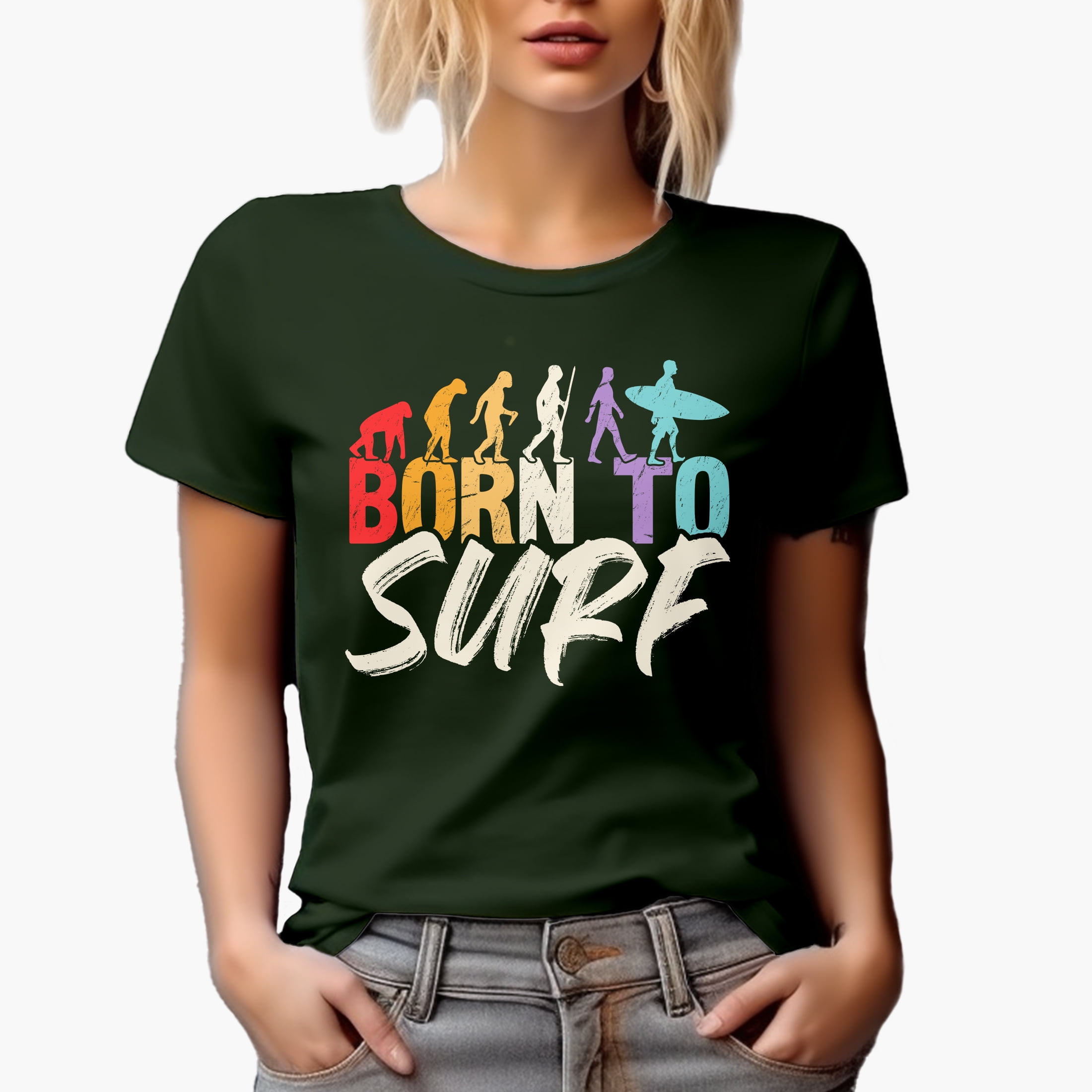 Born to Surf with Surfer, Military Green T-Shirt, Medium
