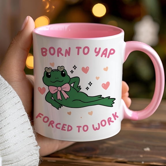 Born to Yap Forced to Work Mug, Funny Frog Coffee Cup, Tiktok Viral Meme, Just a Girl Gift for Her, Funny Work Gift, Coworker Mug, Pink Gift