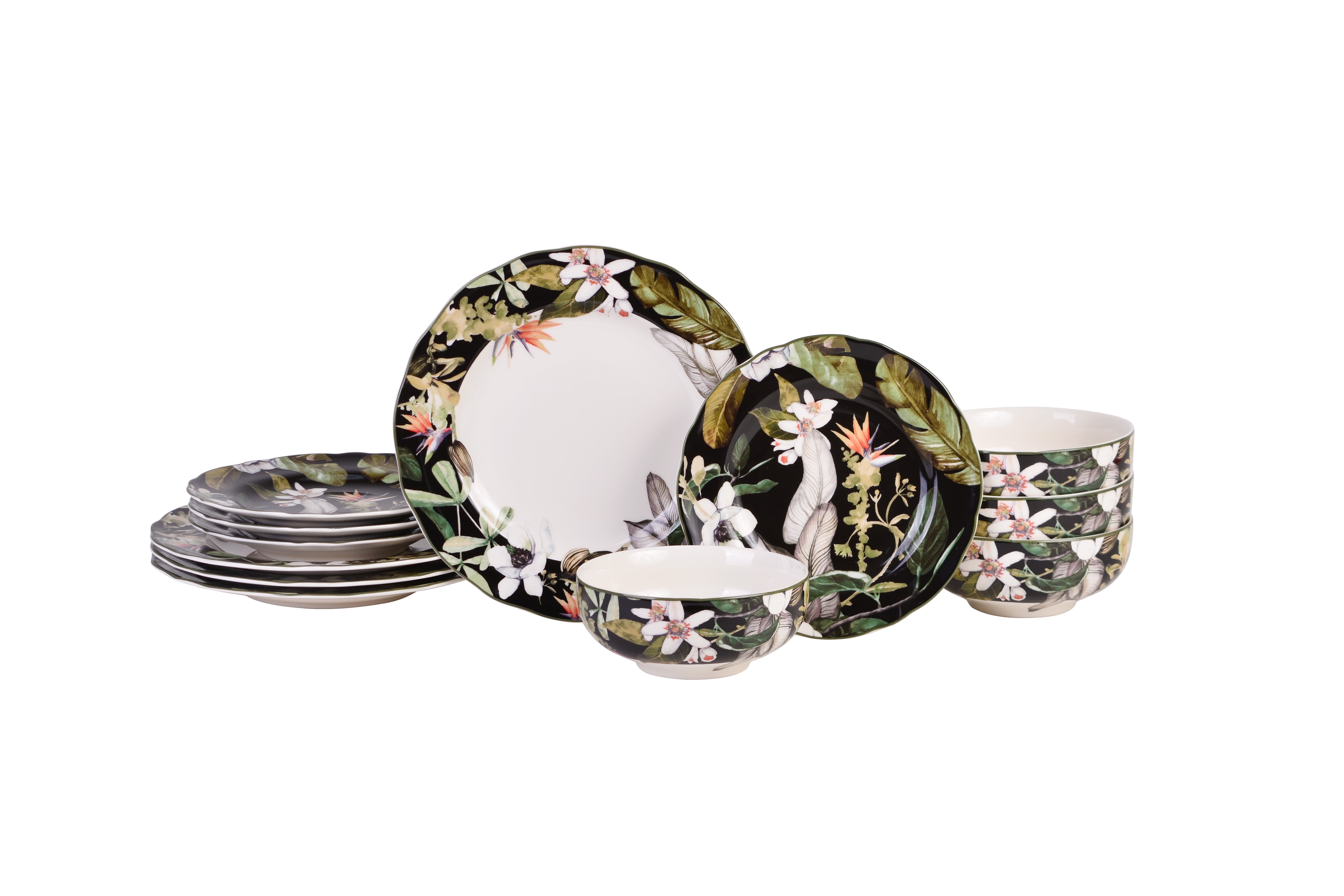 Borneo Black Floral Porcelain 12-Piece Dinnerware Set