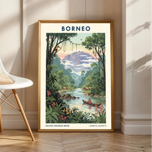Borneo Jungle River Print: Vintage Tropical Travel Poster, Unframed Canvas Size 8x12