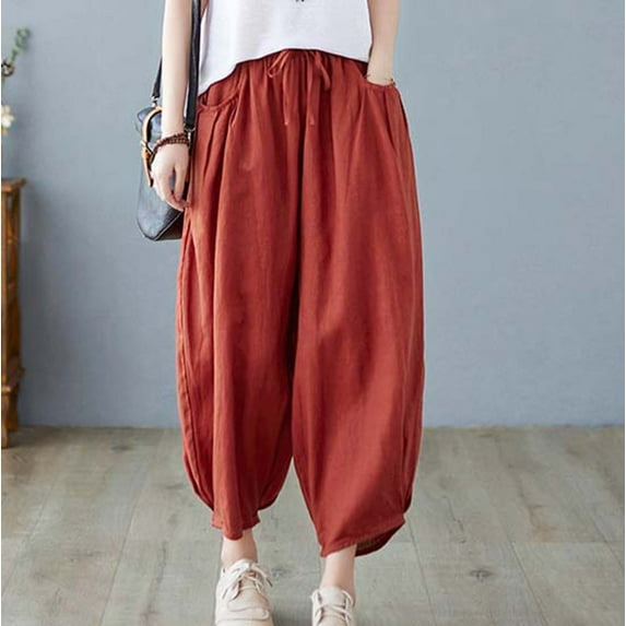 Borniu Capri Pants for Women Summer Casual Elastic High Waist Linen Pants Straight Wide Leg Cropped Trouser Capri Pants