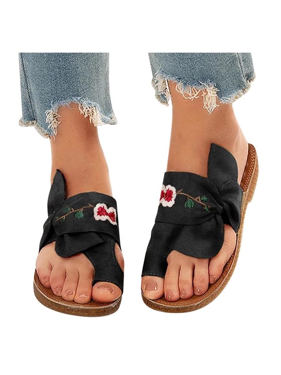 Flat Sandals for Women Summer Dressy Summer Ladies Embroidered Flowers Slippers Sandals Casual Women's Shoes Flip-Flops Slippers Elastic Flat Sandals for Beach