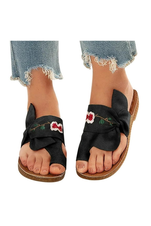 Flat Sandals for Women Summer Dressy Summer Ladies Embroidered Flowers Slippers Sandals Casual Women's Shoes Flip-Flops Slippers Elastic Flat Sandals for Beach