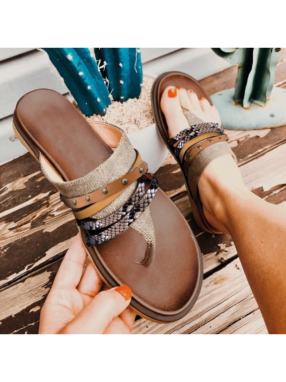 Flat Sandals for Women Summer Dressy Summer Ladies Slippers Sandals Casual Women's Shoes Snake Pattern Color Matching Flip-Flops Slippers Elastic Flat Sandals for Beach