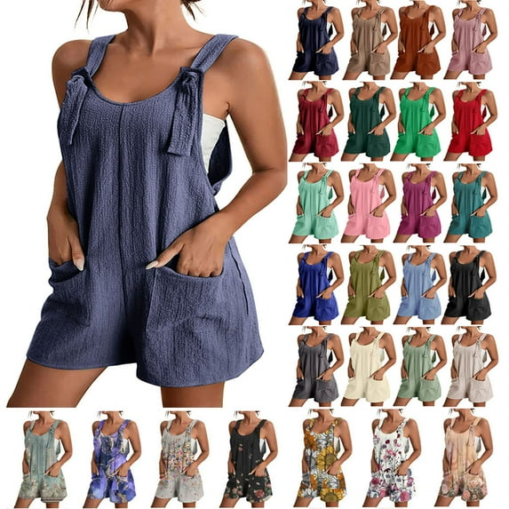 Borniu Jumpsuits for Women Clearance Women's Jumpsuits Rompers for Women Summer Comfortable Casual Suspender Shorts Solid Color Overalls with Pockets Pants