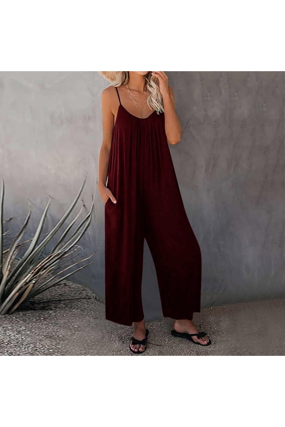 Jumpsuits for Women Clearance Women's Loose Sleeveless Jumpsuits Adjustable Spaghetti Strap Stretchy Long Bib Pant Overalls Baggy Romper Jumpsuit with Pockets