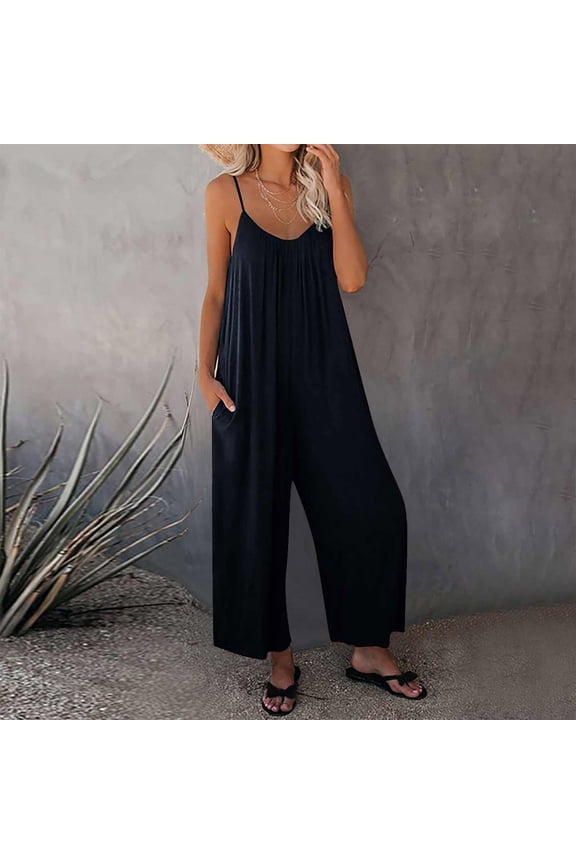Jumpsuits for Women Clearance Women's Loose Sleeveless Jumpsuits Adjustable Spaghetti Strap Stretchy Long Bib Pant Overalls Baggy Romper Jumpsuit with Pockets