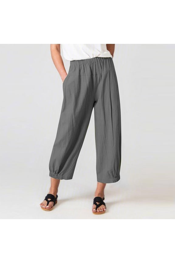 Linen Pants for Women, Plus Size Summer Casual Pant Pockets Cotton Linen Wide Leg Drawstring Elastic Waist Capris Crop Pants