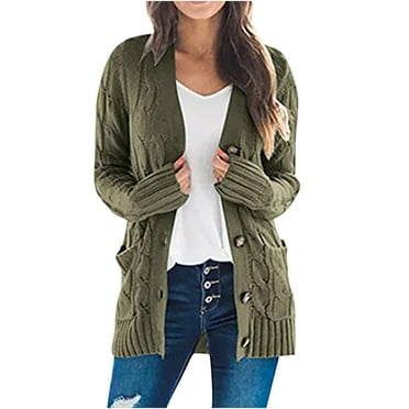 Borniu Long Sleeve Cardigans for Women Oversize Chunky Cable Knit Cardigan Open Front Button Down Sweaters Cardigan Coat with Pockets