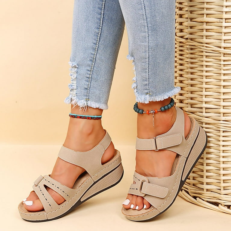 Borniu Orthotic Sandals for Women Plantar Fasciitis Sandals with Arch Support Buckle Strap Wedge Sandals for Comfortable Walking Summer Savings