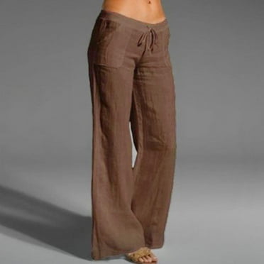 Borniu Plus Size Cotton Linen Pants for Women Casual Wide Leg Loose High Waist Pant Drawstring Waist Breathable Lounge Trousers Slacks with Pockets
