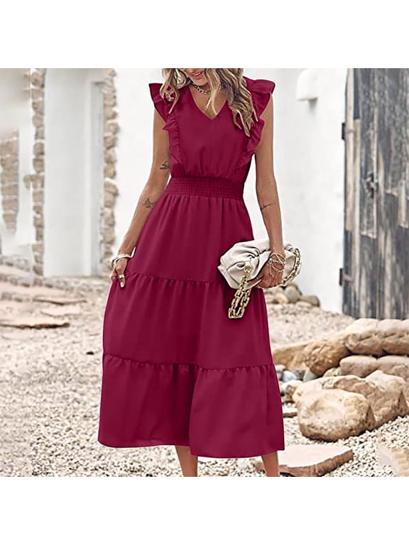 Ohufall Summer Dresses for Women 2023, Womens Maxi Sundresses Fashion Women's Spring, Summer And Autumn Casual V-neck Short-sleeved Solid Color Dress Summer Gifts for Women, Summer