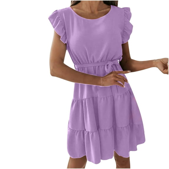 Ohufall Summer Dresses for Women, Summer Women Summer Fashion Loose Solid O-Neck Sleeveless High Waist A-Line Ruffle Hem Plain Belt Short Dress