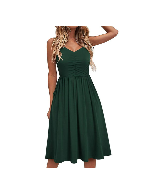 Borniu Summer Dresses for Women, Summer Savings Clearance Women's Sundress V Neck Floral Spaghetti Strap Summer Casual Swing Dress with Pocket 2023